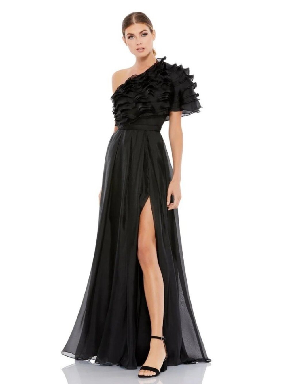 Mac Duggal Size 2 Black 26527 Ruffle One Shoulder Cocktail Formal Gown Dress NWT